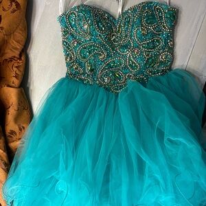 Sherri Hill Teal Beaded Strapless Prom Dress